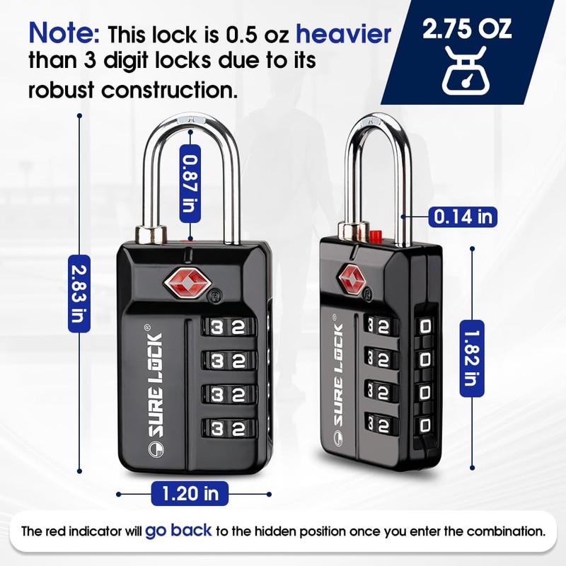 SURE LOCK TSA Approved 4-Digit Resettable Combination Luggage Locks with