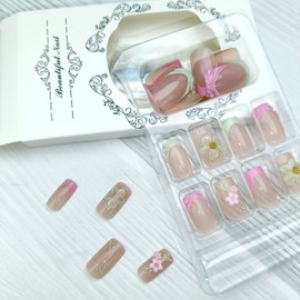 24Pcs Green Pink French Tip Press on Nails Short Square Fake Nails 3D Flower with Rhinestones Glitter Design Full Cover Spring Summer Stick on Nails Flowers False Nails for Women Girls Acrylic Nails