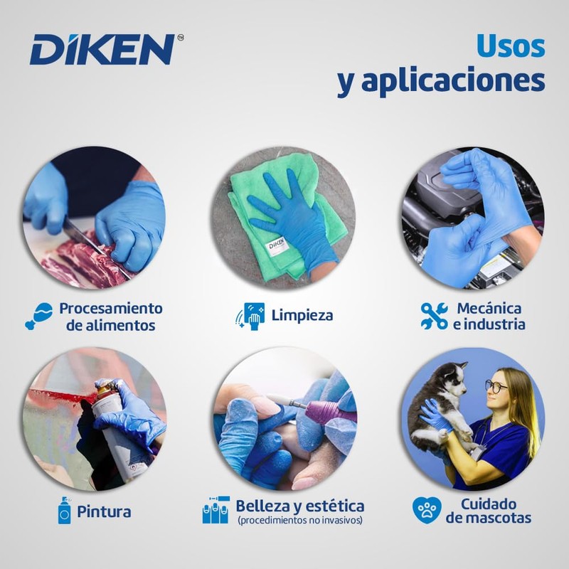 DIKEN Guantes 100% Nitrilo, Grado Alimenticio, Color Azul, SIN Polvo,