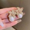 Blooming Flower Drop Cubic Zirconia Big Round Pearl Stud Earrings