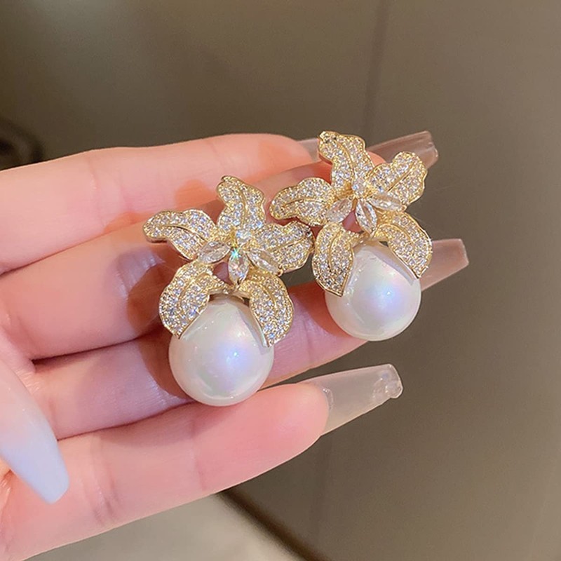 Blooming Flower Drop Cubic Zirconia Big Round Pearl Stud Earrings