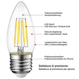 EXTRASTAR Glühbirne E27 Kerze LED Lampe 400Lm,4W E27 LED ersetzt 40W Halogenlampen, 220-240V,3000K Warmweiß,C35 Classic Glühfaden kerzenlampe, Nicht Dimmbar,6 Stück