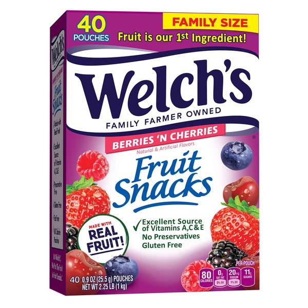 Welch's Fruit Snacks, Berries 'n Cherries, Gluten Free, Bulk Pack, 0.9 Ounce - 40 Count (Pack of 1)