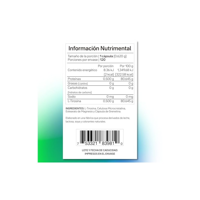 Primetech Nutrition L Tirosina TIR-500, 120 Cápsulas De 500 Mg