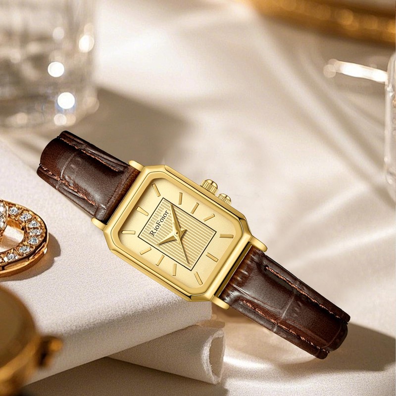 RioFoior Gold Watches for Women-Rectangular Case Minimalist Dial,Comfortable Leather Strap,Water