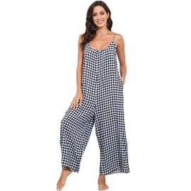 BUENOS NINOS Women's V Neck Floral Maxi Dress Boho Printed Adjustable Spaghetti Strap Ethnic Beach Long Dress with Pockets 3XL Black Plaid jumpsuit