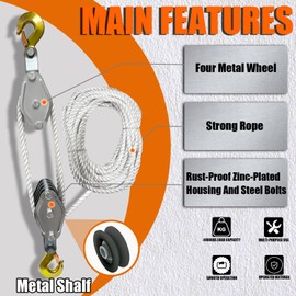 YATOINTO Rope Pulley Hoist 4400 LB, 8:1 Lifting Power Pulley Block and Tackle System, Pulley Block 2200LB Loading Capacity, 3/8 × 65ft Heavy Duty Rope Hoist for Hunting Garage Warehouse Constructions