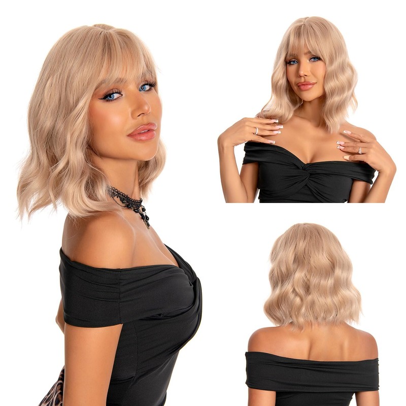Pelucas para Mujer de Pelo Corto ondulado con Flequillo(12’’/30cm, Oro)