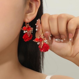 Valentine's Day Gift Women Rhinestone Butterfly with Rose Flower Drop Dangle Earrings Bohemia Flower Animal Earrings Wedding Brides Ear Jewelry Gift (red)