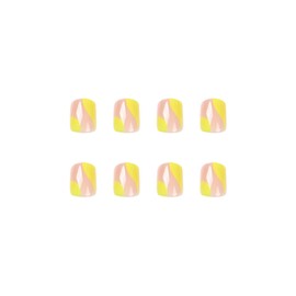 MERVF Square Press on Nails Short Fake Nails French Yellow Squoval Glue on Nails with Designs 24pcs Glossy Acrylic Nails for Women and Girls