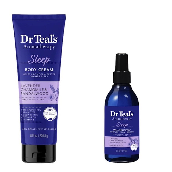 Dr Teal's Aromatherapy Set - Body Cream (8oz) and Spray (6oz) Bundle - Choose from Energy, Sleep, or Stress Relief (Sleep - Lavender, Chamomile, and Sandalwood)