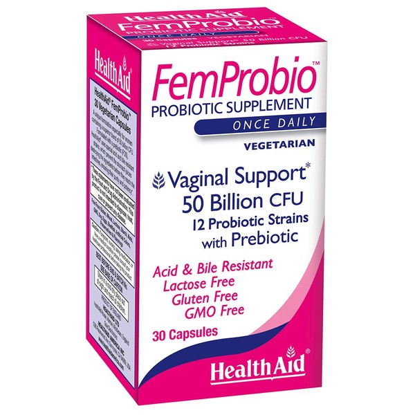 HealthAid FemProbio, 50 Billion with Prebiotic, 30ct, Helps with Vaginal Support, Acid & Bile Resistant, Lactose, Gluten, GMO Free, Vegetarian