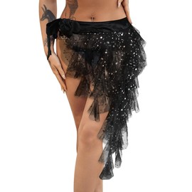 TWINKLEDE Women's Tassel Hip Scarf Sparkly Belly Skirt Layered Tulle Skirt Dance Party Tutu Skirt for Adult (Black)