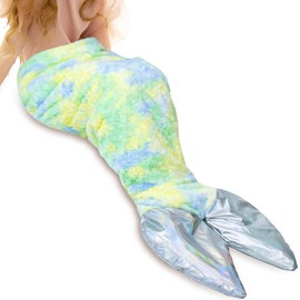 Stoinsto Thick Mermaid Tail Blanket Quilt for Cold Days, Soft Warm Winter Sleeping Bag with Plush Filling & Iridescent Shimmer Fish Tail, Wearable Cozy Flannel Snuggle Blanket, Rose Green Yellow Blue