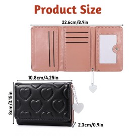 Axafazup Cute Heart Shaped Wallet for Women, PU Leather Slim Credit Card Holder with Heart-shaped Pendant, Fashion Trifold Cash Pocket ID Window for Shopping, Dating, Travel