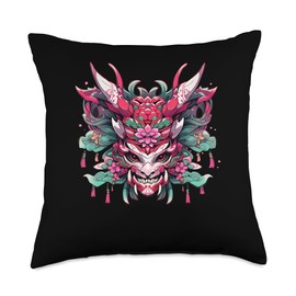 Japanese Anime Mask Floral Culture Illustration Throw Pillow
