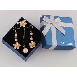 Alilang Golden Tone Clear Crystal Rhinestone Faux Pearls Flower Pendant Necklace Dangle Earrings Set