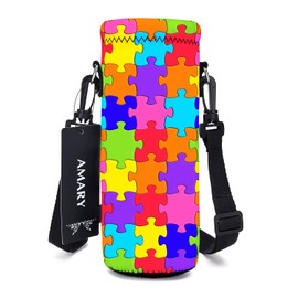 AMARY 500ML Neoprene Water Bottle Carrier Bag with Adjustable Shoulder Strap,Insulated Water Bottle Cover for Stainless Steel/Glass/Plastic Bottles 16.9OZ (Color puzzle)