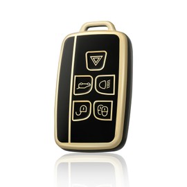 OFF WE GO Car Key Cover Case Car Key Fob for Land Rover BLand Rover Defender Discovery Freelander Range Rover Sport Jaguar XE XF XJ F-Pace Full Protection 5 buttons Car Key Holder Box, Black Gold