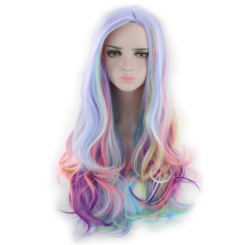 Lurrose Wig Long Wavy Rainbow Colours Curly Wig for Festivals