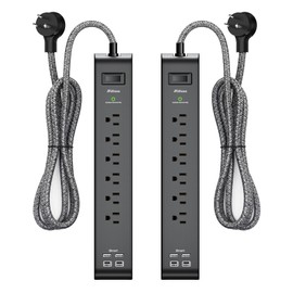 12FT Long Power Strip Surge Protector - with 6 Outlets 4 USB Ports, Heavy-Duty Braided Extension Cord, Flat Plug, 900 Joules, 15A Circuit Breaker, Wall Mount for Home Office (2 Pack)