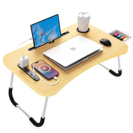 FUNITO Folding Laptop Desk with USB & Type C Charging Ports, 24-Inch Bed Desk with Storage Drawer and Cup Holder, for Bed for Working, Eating, Reading, and Watching Movies