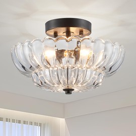 XINGQI Vintage Semi Flush Mount Ceiling Light Fixture Black 3-Light Close to Ceiling Scalloped with Clear Glass Shade Small Chandelier for Living Room Entryway Bedroom Closet