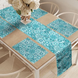 ABAKUHAUS Aqua Table Runner & 4 Pieces Placemats, Hippie Flower Leaves Mandala Rounds Off Traditional Element Print Set for Table Decoration, 180cm x 40cm, Turquoise Blue White