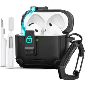 Funda para AirPods 4, Uso Rudo, Antigolpes, Antipolvo, con Cierre Magnético y Soporte para Celular, Incluye Kit de Limpieza Gratis (Negro)