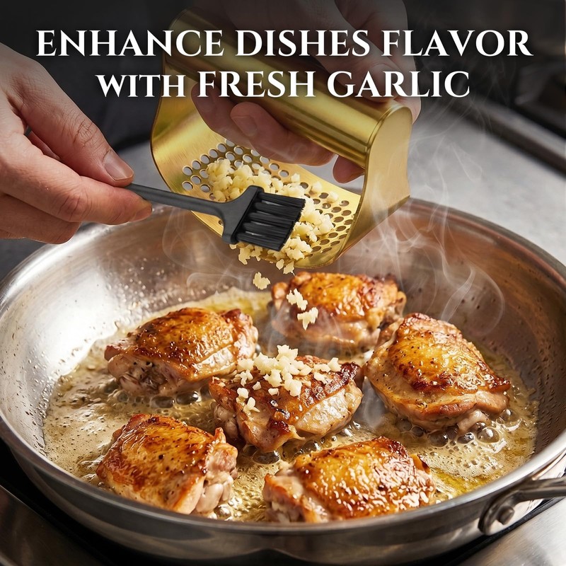 Gold Stainless Steel Garlic Press Rocker Set with Garlic Peeler
