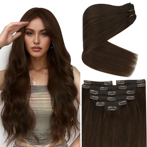 Ve Sunny Brown Clip in Hair Extensions Real Human Hair Chocolate Brown Clip in Human Hair Extensions Color 4 Brown Clip on Hair Extensions Medium Brown 16inch 7pcs 120g