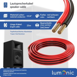 Lumonic Speaker Cable 25 m Red Black 2 x 0.5 mm² CCA HiFi Speaker Cable Audio Twin Cable