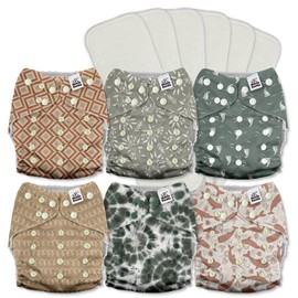 Mama Koala 3.0 Cloth Diapers for Babies with AWJ Lining, 6 Pack with 6 5-Layer Natural Cloth Diaper Inserts - Reusable and Washable Pocket Diapers(A-Calm Spring)