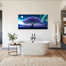crmotu Tree of Life Large Wall Art for Living Room, Purple Tree Art Prints, Aurora Landscape Canvas Painting, Surreal Art Wall Pictures for Bedroom Bathroom, Modern Office Decor Artwork 24X48in