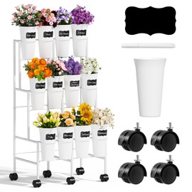 Alytree Flower Display Stand with 12 Buckets, 3 Tier Metal Flower Cart Display Stand with Wheels, Flower Bar Stand for Garden Flower Shop Indoor Outdoor Wedding Party Decor, White