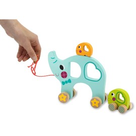 JAMARA Kidiwood 460875 Wooden Toy Pull Elephant Family, 3 Pieces, Promotes Motor Skills, Various Plug-In Options, Partially Magnetic