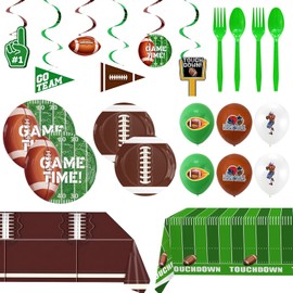 66Pcs Football Party Supplies Kit, Include Plates Forks Spoons Touchdown Tablecloth Hanging Swirl Balloons, for Tailgate Superbowl Party, Football Birthday, Game Day Party