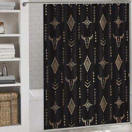 Western Shower Curtains for Bathroom, Southwest Tribal Aztec Bull Skull Cowboy Theme Farmhouse Rustic Country Boho Black Gold Waterproof Fabric Shower Curtain Set with Hooks, 72"x72" Inch