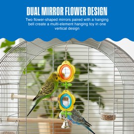 Penn-Plax Bird Life Two Flower Mirror with Bell - Interactive Bird Toy with Spinning Floral Mirrors & Hanging Bell - Colorful Cage Accessory for Parakeets & Finches, Easy to Install - 3.75×1×9.2 in