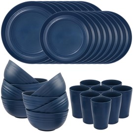 Supernal Wheat Straw Dinnerware Sets, Dinnerware Sets for 8, Plates and Bowls Sets, Reusable Dinnerware Set, Microwave Dishwasher Safe, Blue Plastic Dinnerware Sets 16pcs Plates, 8pcs Bowls, 8pcs Cups