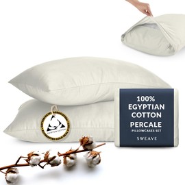 Sweave 100% Egyptian Cotton Percale Pillow Cases Set - Luxurious 400 Thread Count, Breathable & Skin-Friendly - Softer After Each Wash - Oeko-TEX Certified
