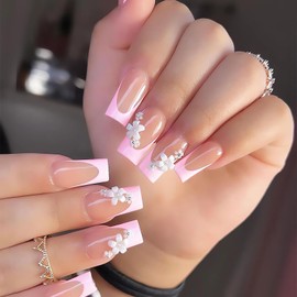 SINSEN French Tip Press on Nails Medium Long Square Shape Fake Nails, Spring Full Cover False Nails Design with 3D Flowers, Cute Square Stick on Nails Art Decoration Kit, 24Pcs