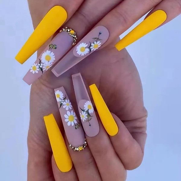 BABALAL 24Pcs Daisy Press on Nails Matte Glue on Acrylic