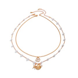 GAUEIOUR Bohemian Puka Shell Necklace,Ocean Style Metal Alloy Starfish Shell Necklace Set, Women's Imitation Pearl Layered Chain Necklace, Summer Beach Holiday Surfer Jewelry (Necklace * 2)