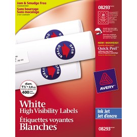 Avery White Round Labels, 1.5" Diameter, for Inkjet Printers, 400 Labels, Permanent (8293)