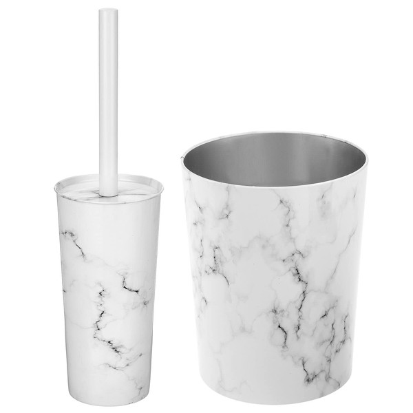 mDesign Round Metal Modern Compact Freestanding Plastic Toilet Bowl Brush and Round 6.4 Liter/1.7 Gallon Wastebasket Garbage Can Combo Set for Bathroom - Mirri Collection - Set of 2 - White Marble