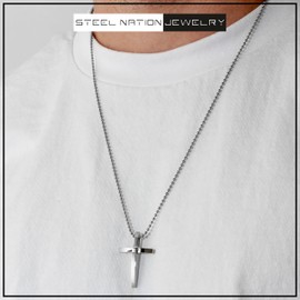 Men's Stainless Steel High Polish Cross Pendant, 24" Ball Chain