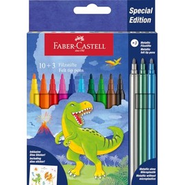 Faber-Castell 554214 - Cardboard Case with 13 Felt Tip Pens - 10 Classic Colours + 3 Metal Pens - Dinosaur Edition