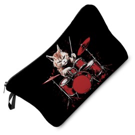 Livel lhood Cat Drummer Makeup Bag Drum Set Small Cute Organizer Bag Zipper Pouch Rock 'n' Roll Cat Plays the Drum Print Cosmetic Bag Present for Cat Lovers Drummer Women Friends