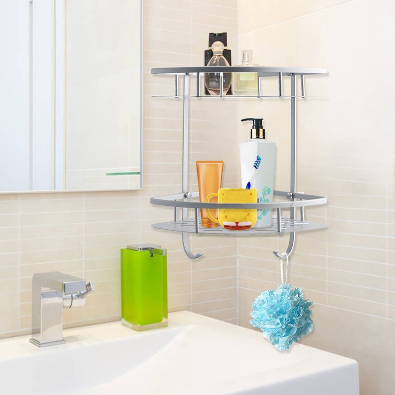 Aluminum Dual Tier Shower Caddy Shelf Bathroom Corner Rack Storage